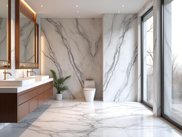 A luxurious ensuite with double vanities and large format marble tiles.