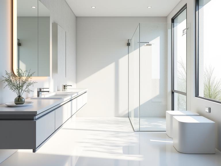 The same bathroom transformed with a modern floating vanity and walk-in shower.