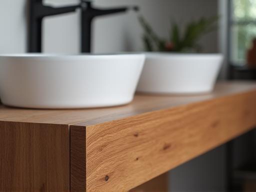 A close-up of a custom-built floating wooden vanity.