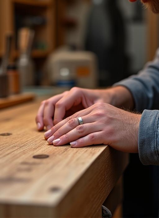A craftsman carefully finishing a custom wooden vanity.